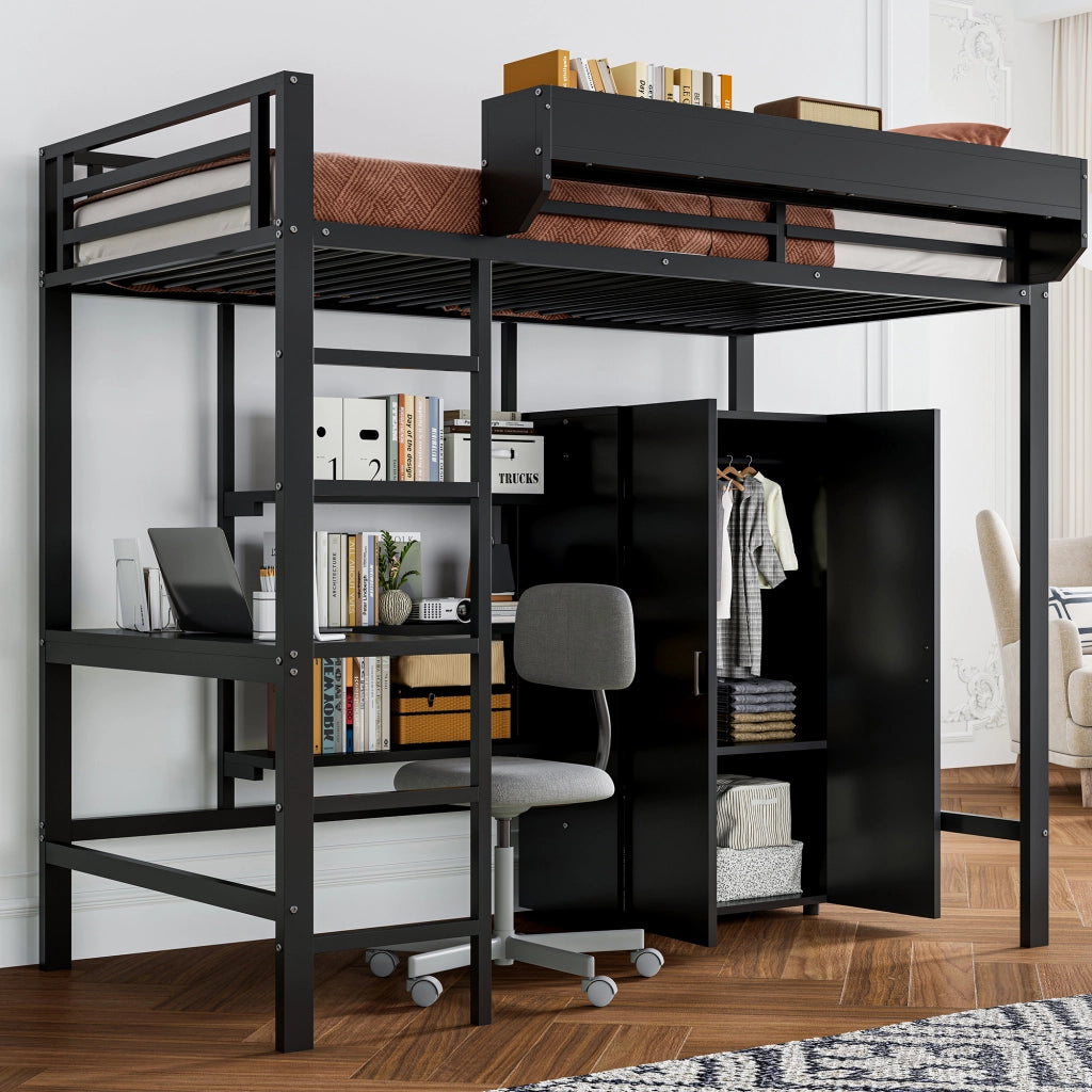 LETTO a castello 90x200 cm Nero in metallo e legno con tavolo e armadio