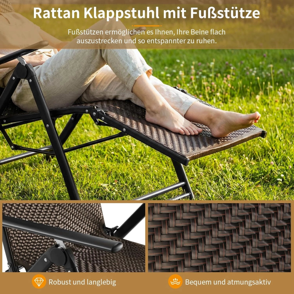 2 sedie a sdraio in rattan con poggiapiedi, sedie pieghevoli resistenti alle intemperie, con schienale regolabile in 7 posizioni, per balcone, giardino e terrazza