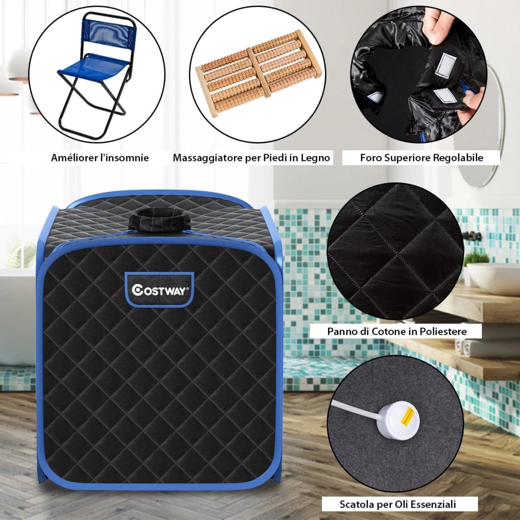 Sauna a Vapore Portatile con Telecomando, Cabina Sauna a Vapore Pieghevole con Sedia e 9 Livelli di Temperatura, Telaio in metallo (Nero)
