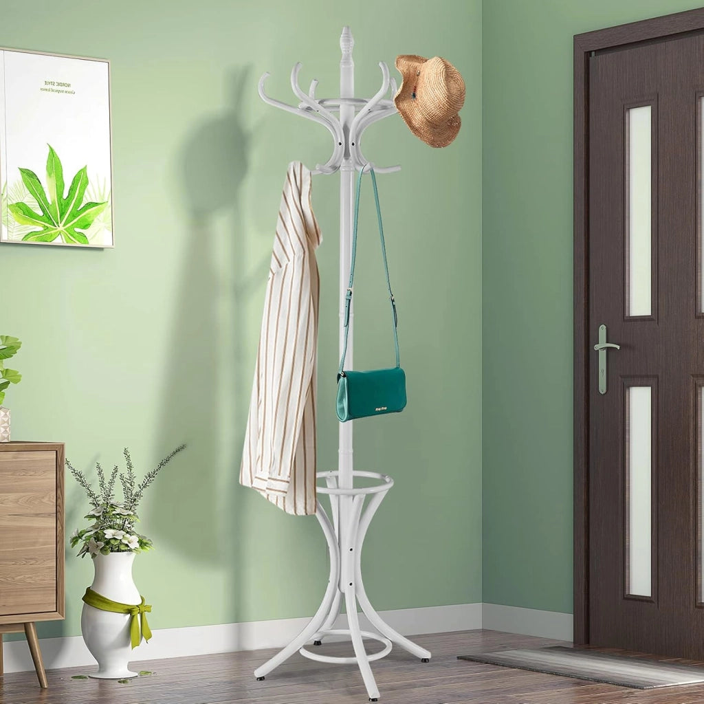 Appendiabiti da 184 cm, Scaffale per Abiti e Cappelli, Appendiabiti in Legno con 12 Ganci, Supporto per Ombrellone, Portabiti Autoportante, per Ingresso, Ufficio, Soggiorno (Grigio)