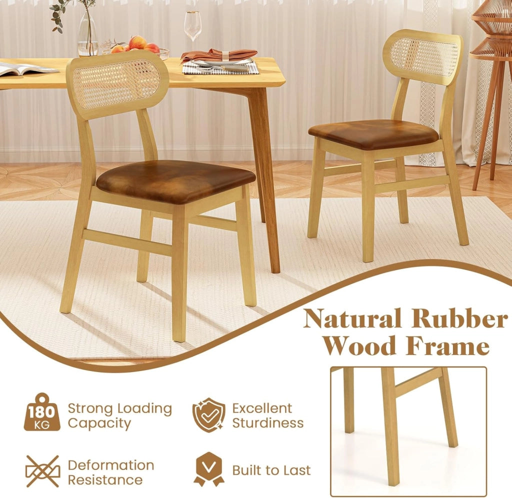 Set di 2 sedie da pranzo, sedie da cucina in similpelle con seduta imbottita, schienale in rattan PE, telaio in legno di gomma, sedia senza braccio per sala da pranzo, soggiorno (marrone