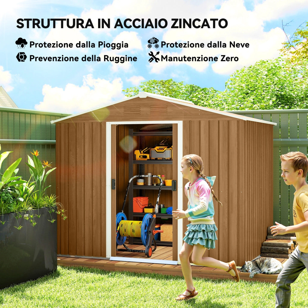 Casetta da Giardino in Lamiera di Acciaio con Porte Scorrevoli, 236x174x190cm, Marrone