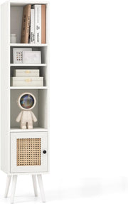 Armadio autoportante con anta in rattan, mobile a colonna con ripiano regolabile, libreria a piedi con dispositivo anti-ribaltamento, per soggiorno, sala studio (bianco)