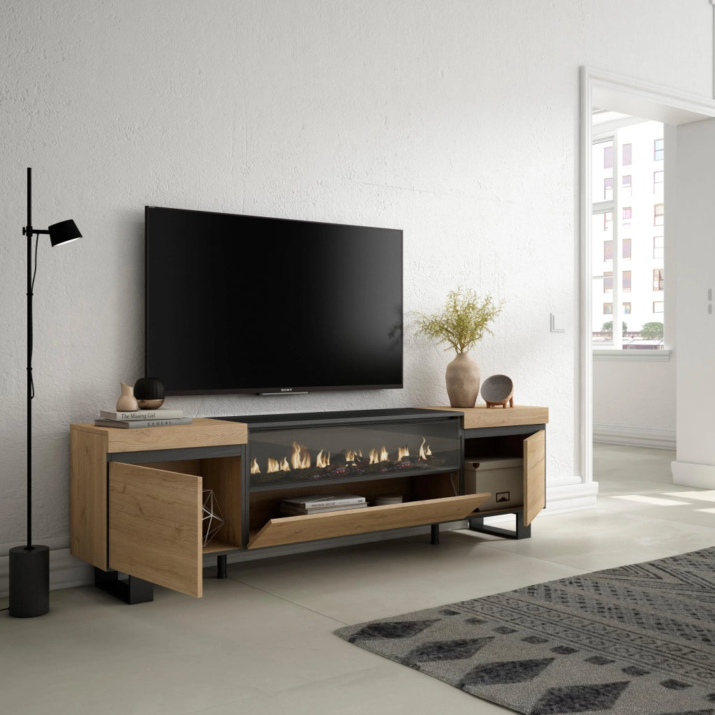 Mobile TV, 200x35x57cm, soggiorno, Per TV fino a 80", Camino elettrico, Design industriale, colore Rovere e nero RF2152