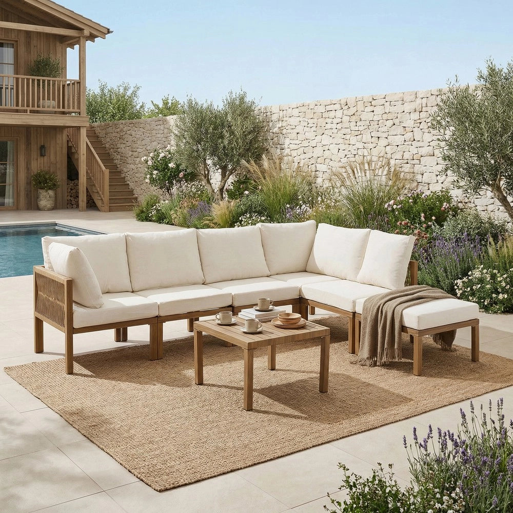 Divano angolare da giardino modulare convertibile ¨C Minimal ¨C beige legno