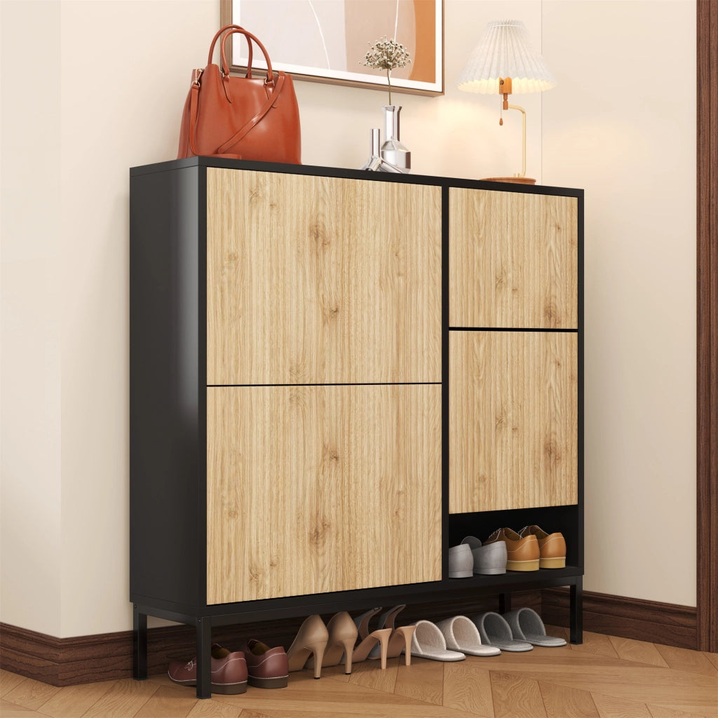 Scarpiera con 3 Ante a Ribalta e Panca Estraibile; Vano a Giorno; Stile Moderno; in MDF; Nero e Naturale; 100×25×100 cm