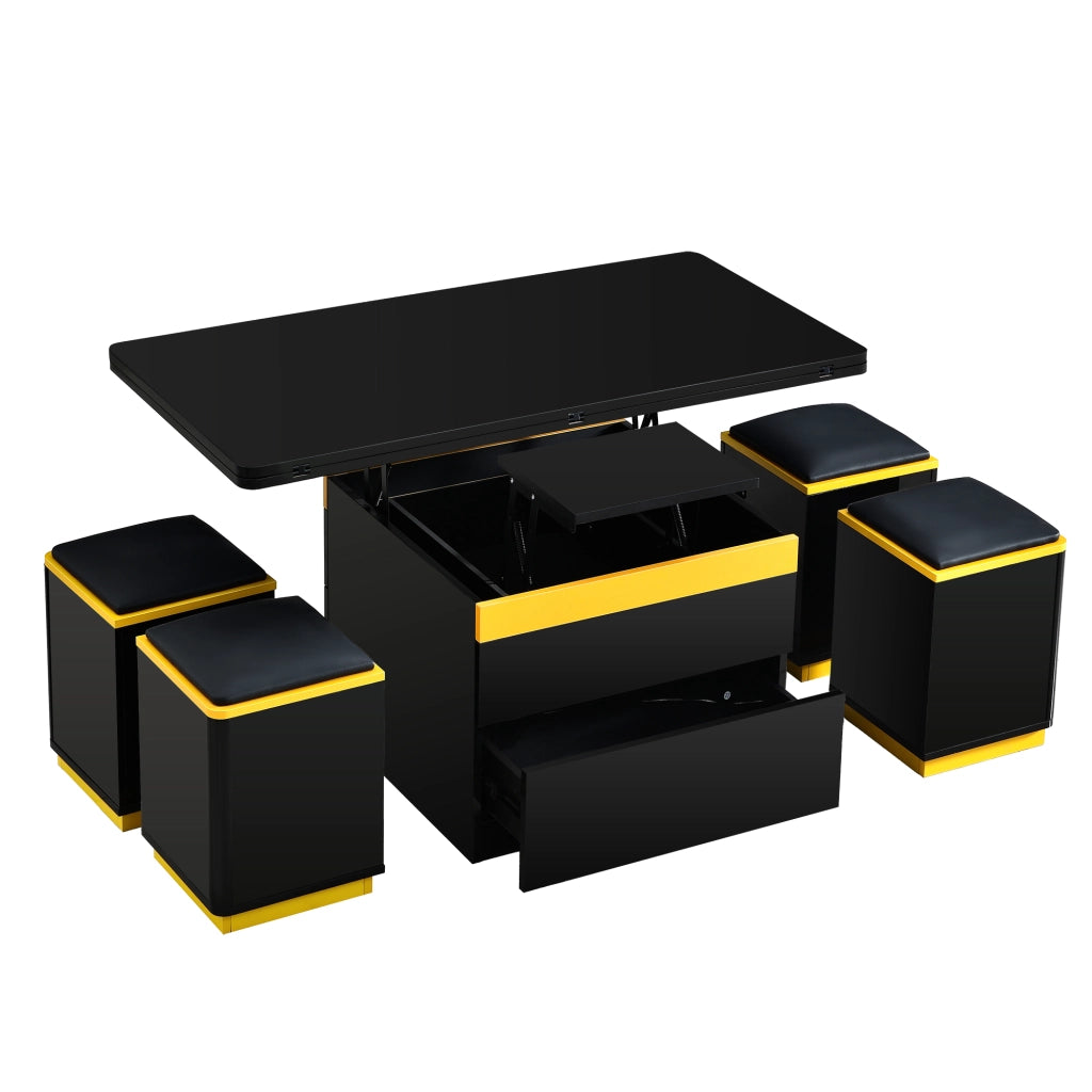 Tavolino Da Salotto Sollevabile con 4 Sgabelli e Contenitore; Piano Ribaltabile; Lucido Parziale; in MDF; 100×50×43 cm; Nero Giallo