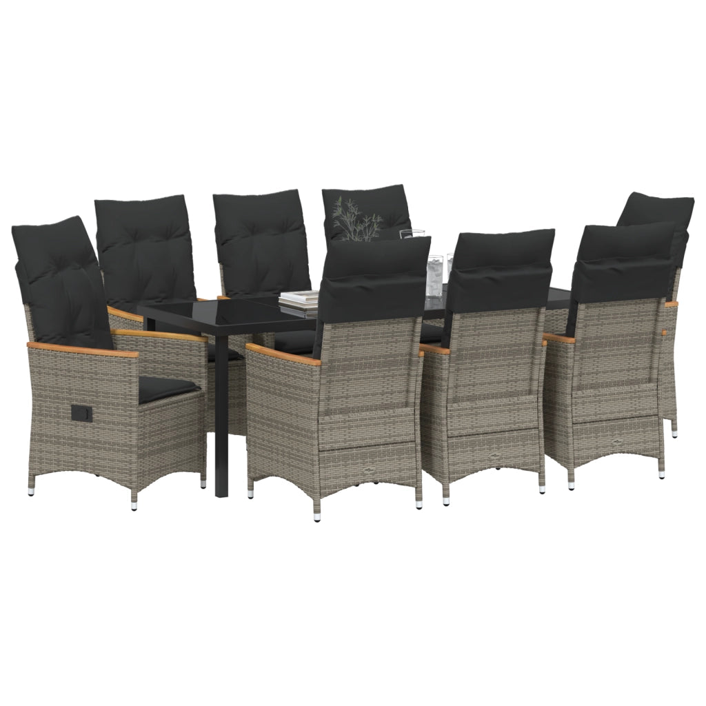 Set da Pranzo da Giardino da 9 Pezzi con Cuscini Grigio Rattan PE