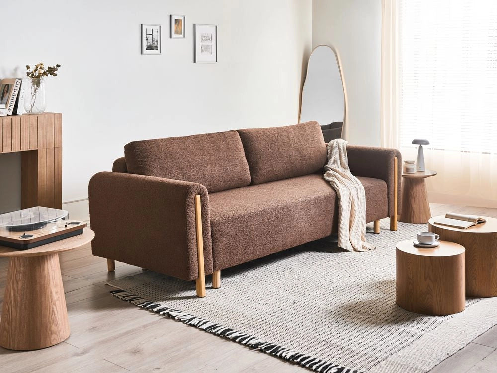 Divano letto in tessuto marrone Rivestito con meccanismo Click-Clack Sleeper con contenitore Stile minimalista con braccioli