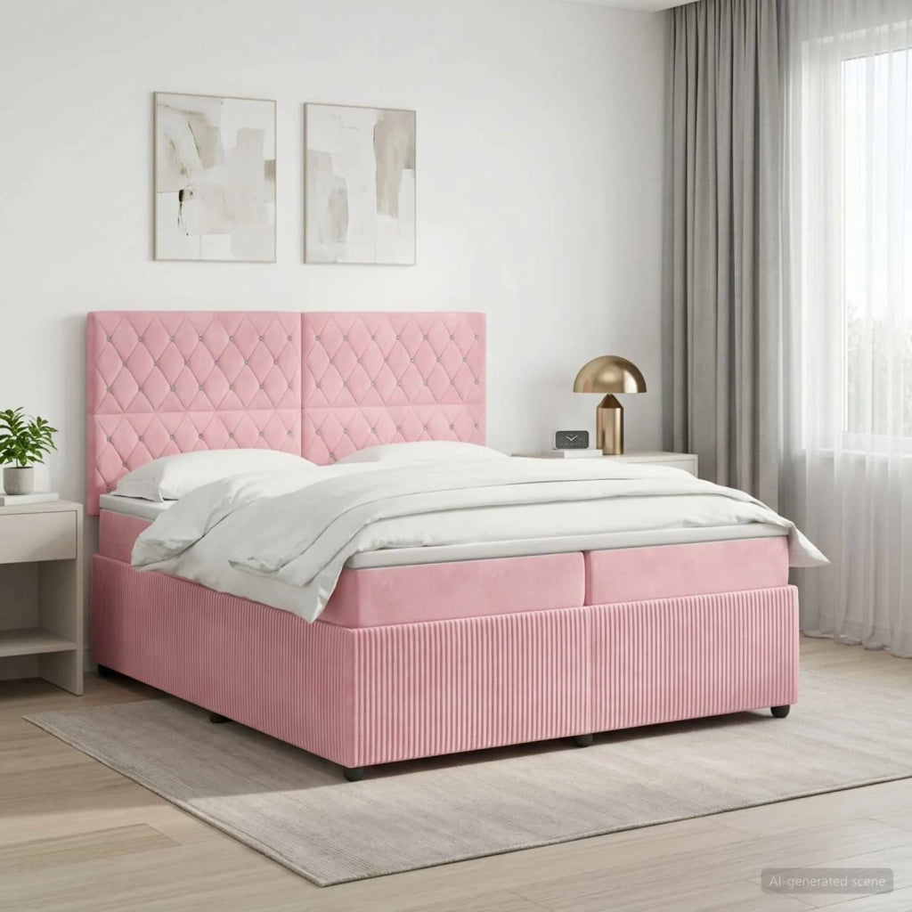 Letto Box Spring LED con Materasso Rosa 200 x 200 cm Velluto 3456136