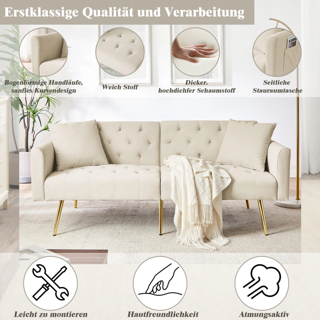 Divano a 2 posti con schienale regolabile a 3 posizioni, 2 cuscini, gambe in metallo, velluto, beige