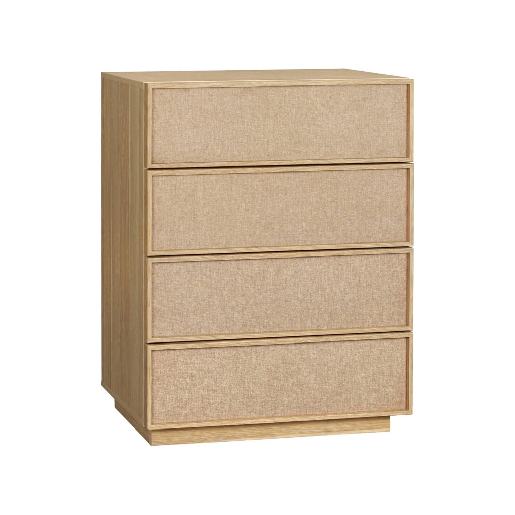 Cassettiera decorativa in legno e tessuto con 4 cassetti, marrone