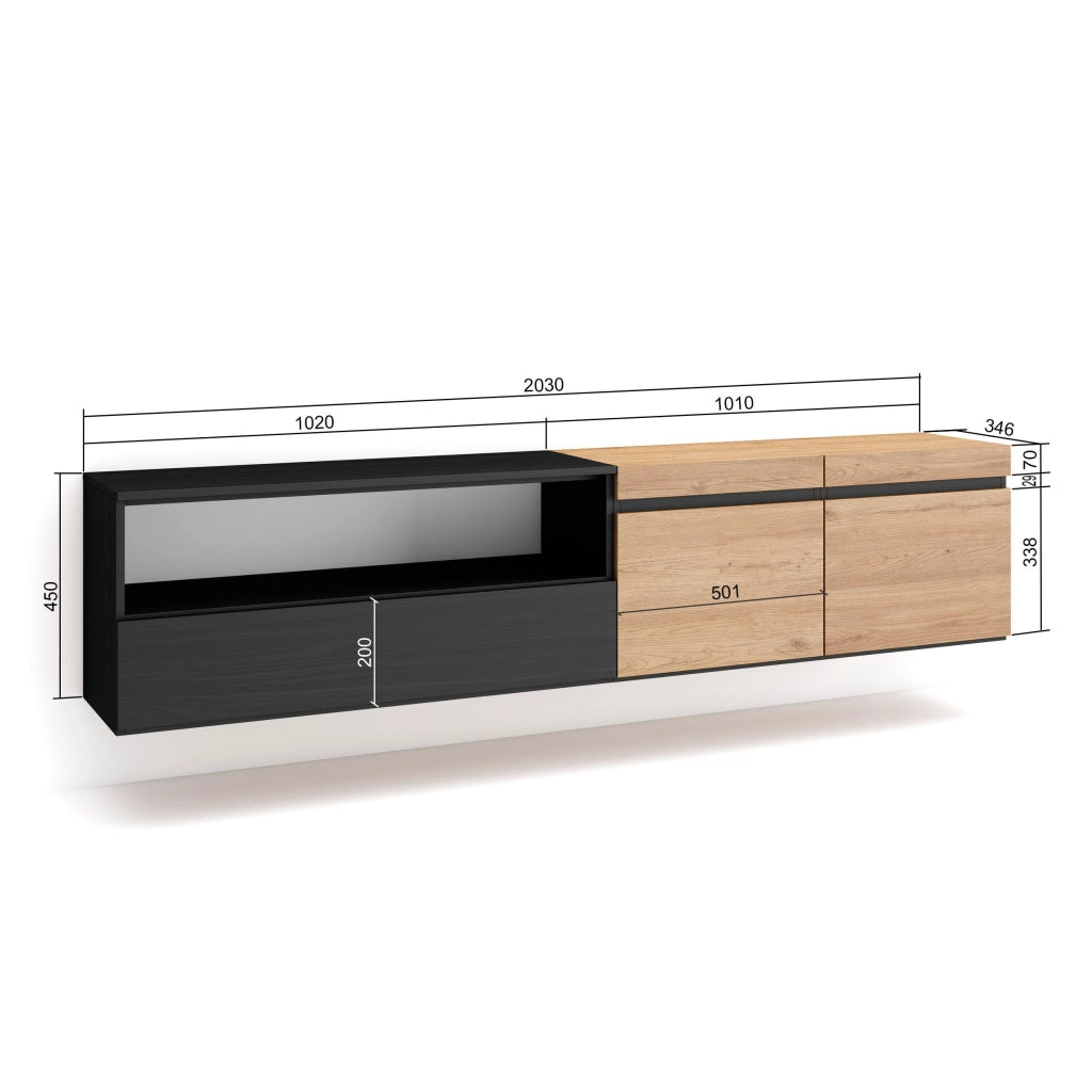 Mobile TV, 200x35x45cm, soggiorno, Per TV fino a 80", da appendere, colore Rovere e nero RF2252
