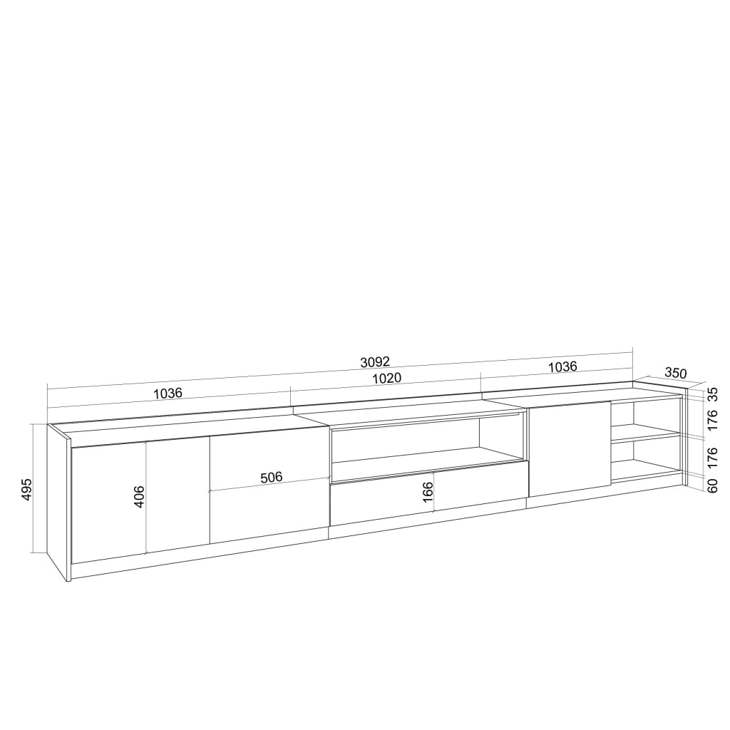 Mobile TV Soggiorno, 310x50x37 cm, Per TV fino a 80", LED, Rovere e nero