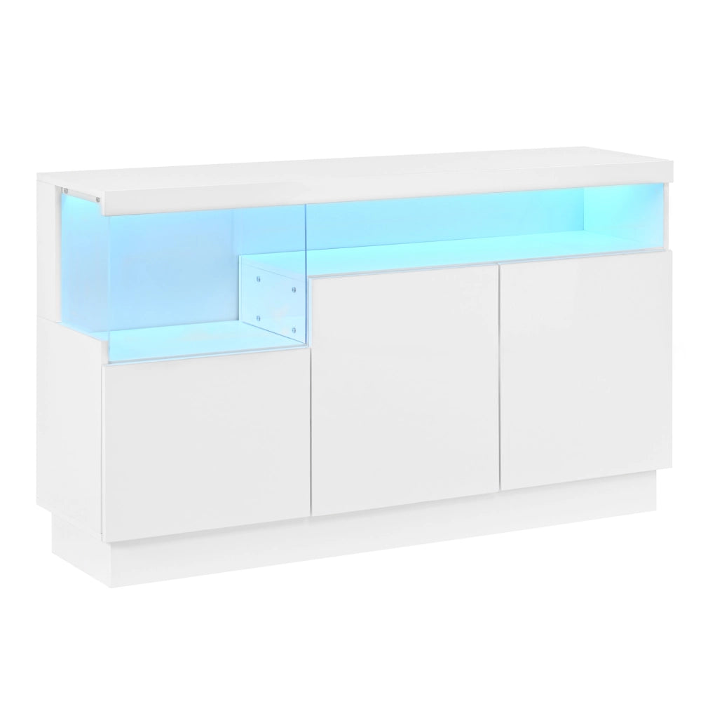 Credenza 140x36x80 cm in truciolare e MDF bianca con LED via app e vetrina