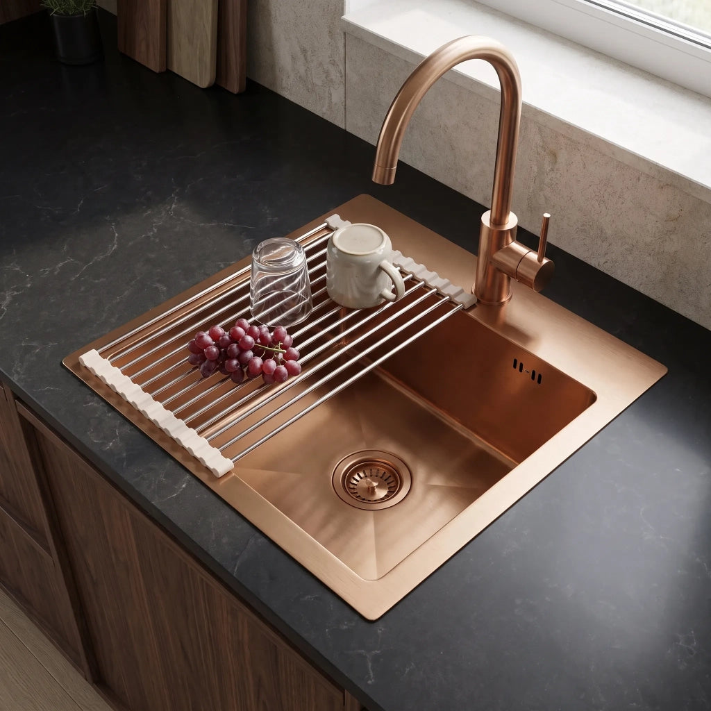 Lavello In Acciaio Con Set Di Accessori 3 Pz. Rea Leo 40 Brush Copper Accessori beige