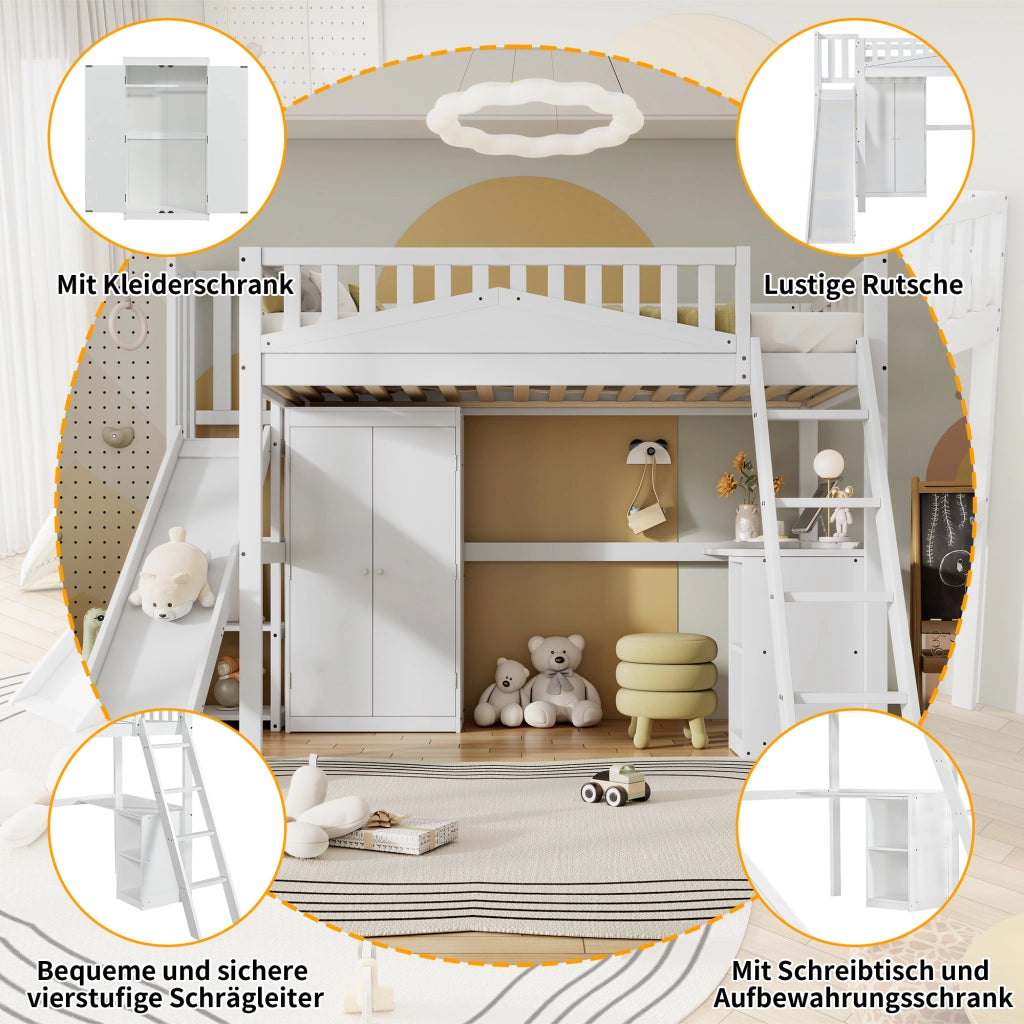 DESMIU Letto a castello Letto per bambini 1 posto con scivolo, scrivania e armadio, 90 × 200 cm, senza materasso, bianco
