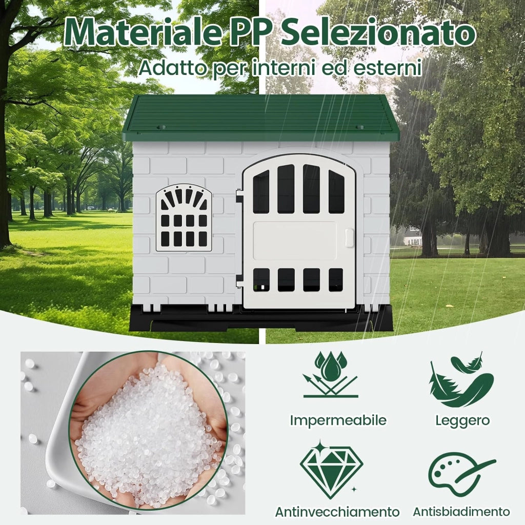 Cuccia per Cani da Esterno ed Interno, Casetta Impermeabile e Ventilata con Vassoio Toilette Rimovibile, Porta Bloccabile, 3 Finestre e Tetto a Pendenza, per Cani di Piccoli e Gatti (Verde)