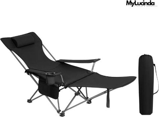 Campingstool Luxe Opvougbare con Sostegno di Piede Riscattabile, Supporto Cervicale Rimovibile, Porta Oli e Tasca Portatile - Nero