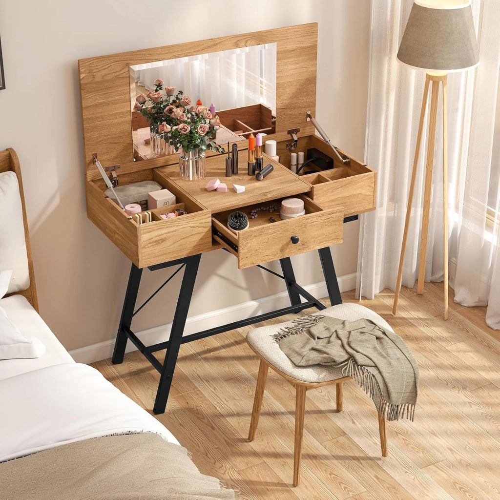 Tavolo da trucco con specchio pieghevole, con stazione di ricarica, cassetto, 6 scomparti per riporre oggetti, vassoio nascosto, scrivania da toeletta 2 in 1, per camera da letto, studio