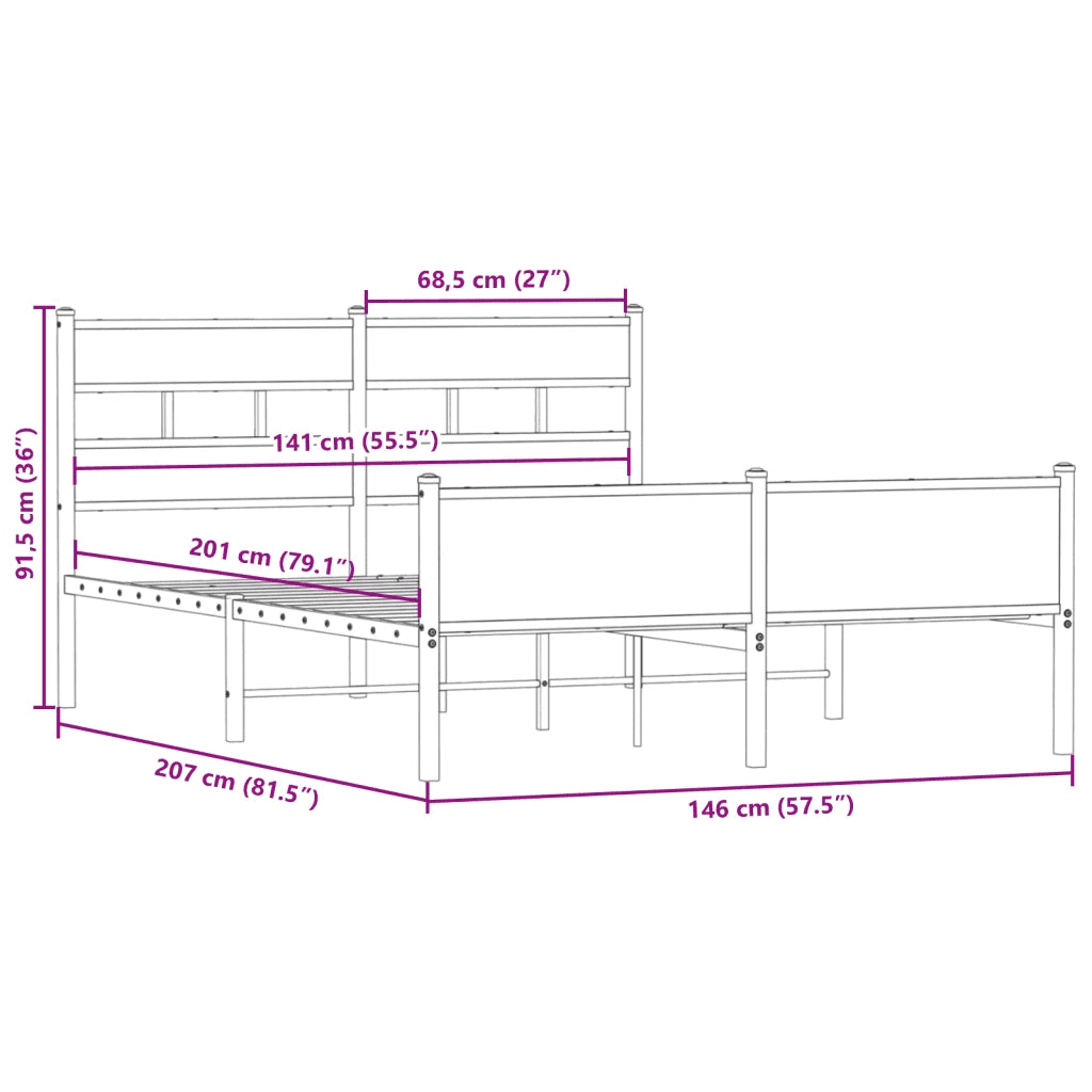 Letto matrimoniale | Letto per adulti | Giroletto senza Materasso Rovere Fumo 140x200 cm in Truciolato