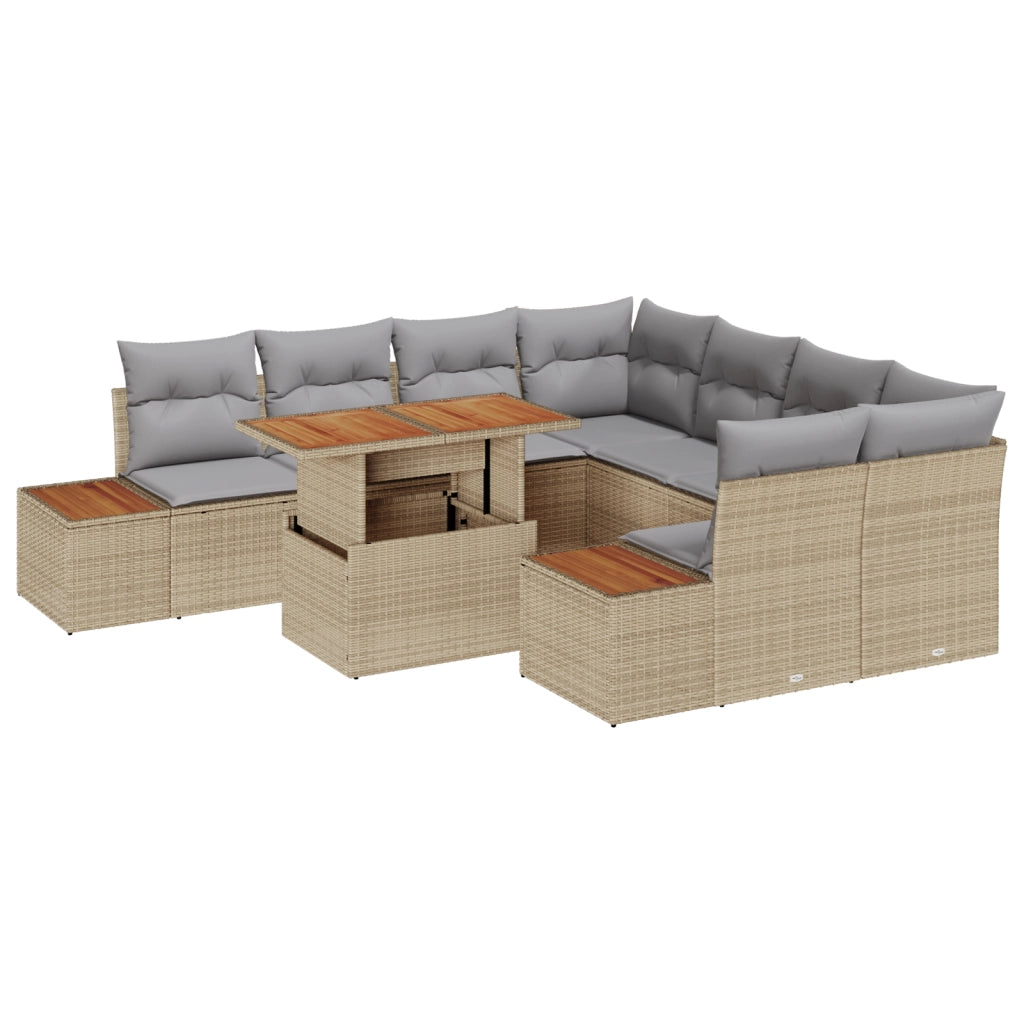 Set da pranzo da giardino 9 pezzi di con cuscini beige in polyrattan e acacia