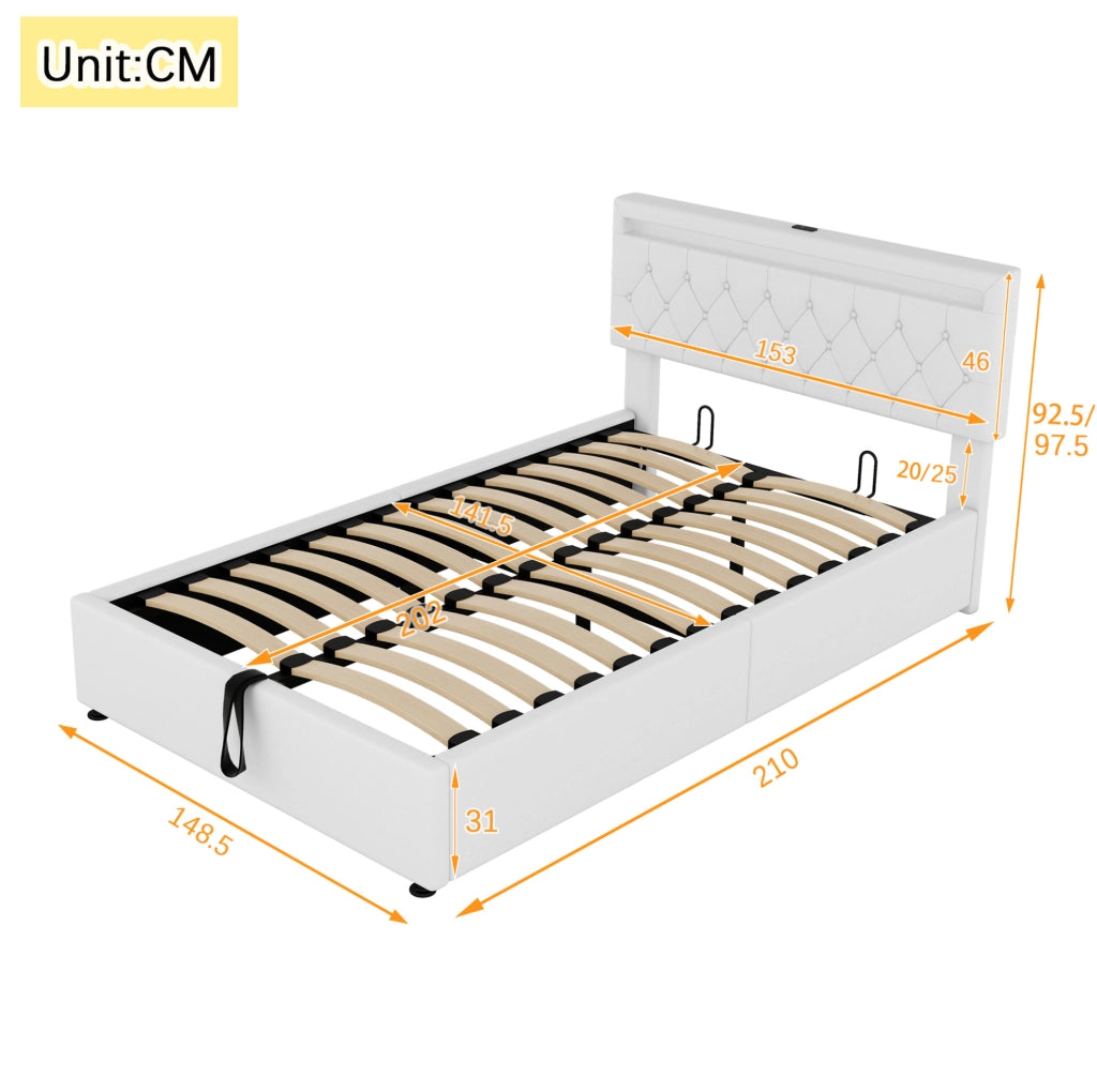 Letto matrimoniale 140x200 cm imbottito con contenitore; LED integrato; porte USB e USB-C; bianco