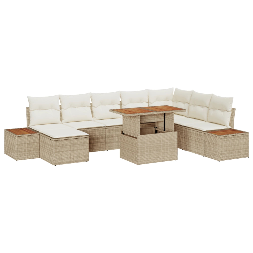 Set da Pranzo da Giardino 9 Pezzi con Cuscini Beige in Polyrattan e Acacia