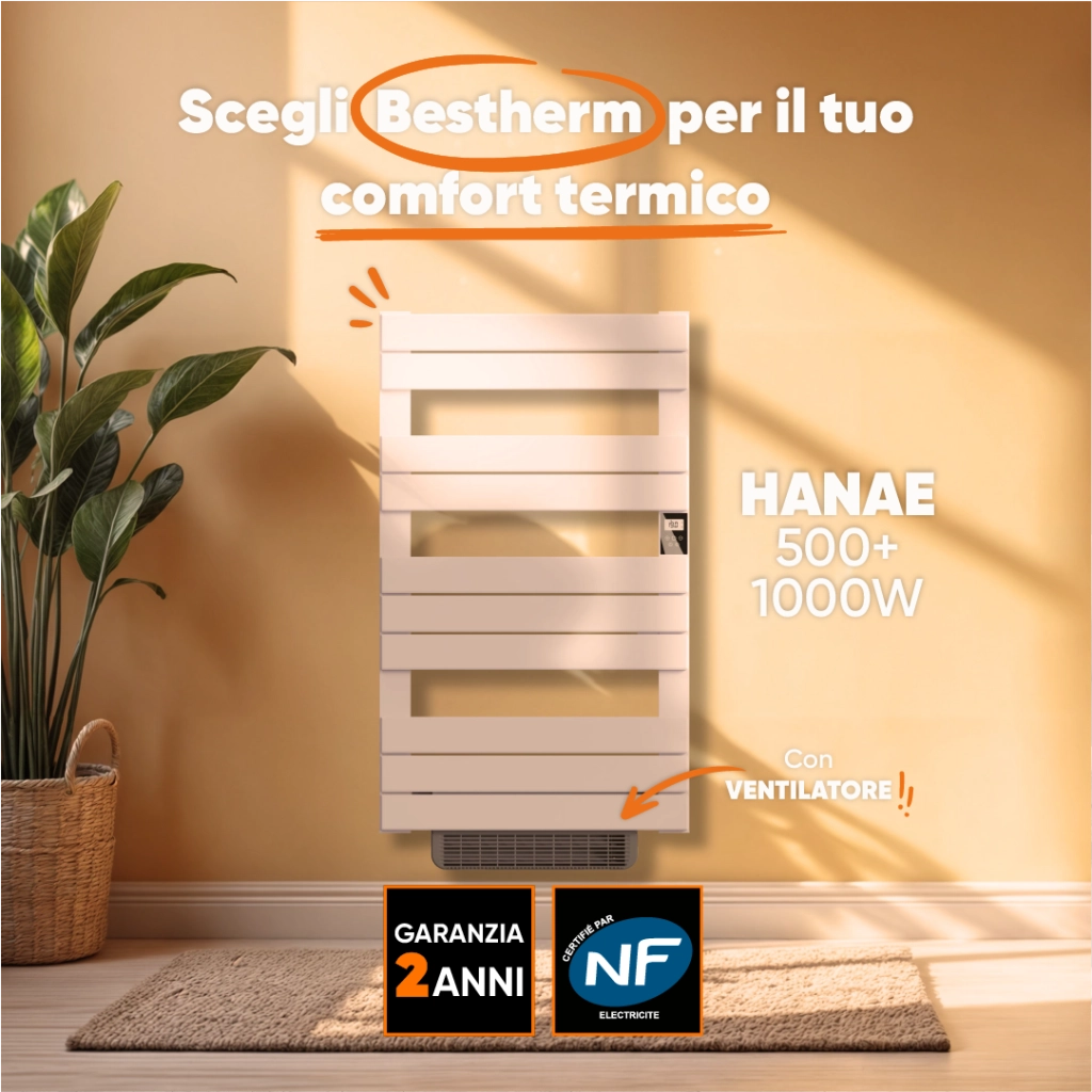Scaldasalviette elettrico senza liquidi con soffiante 500W+1000W H.108,4xL60cm HANAE bianco