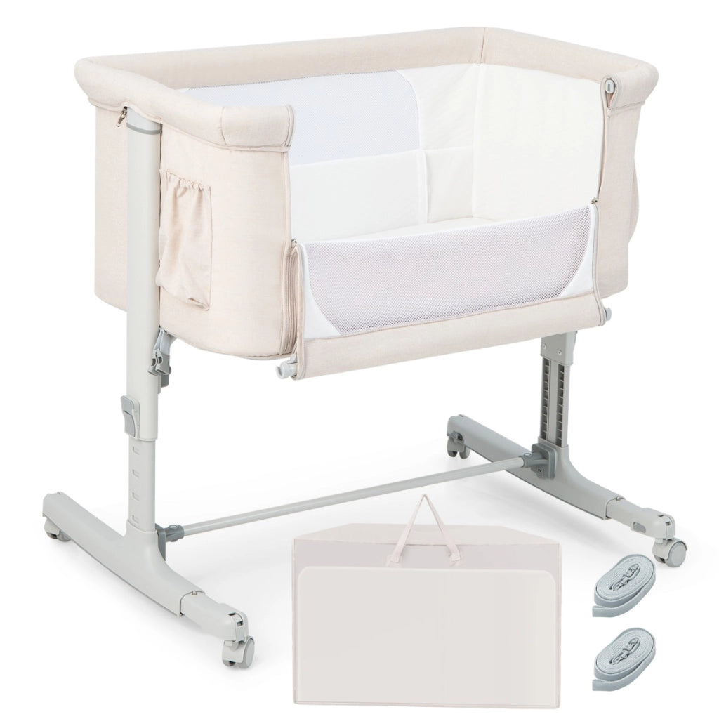 Culla per bambini 3 in 1 con 5 livelli di altezza regolabili borsa da viaggio, Traversina per bambini Beige