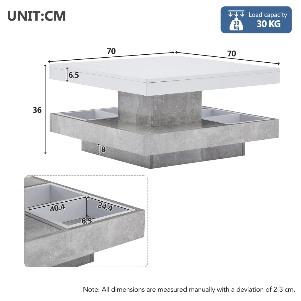 Tavolino da caffè con piano girevole a 360° e vano - per soggiorno - in truciolare - 70×70×36 cm - bianco e marmo