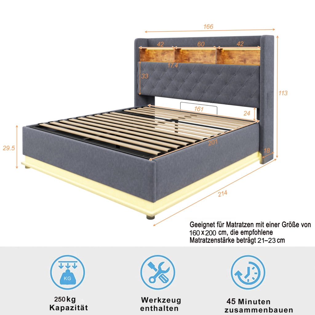 Letto imbottito con LED e porta USB 160x200 cm; contenitore idraulico; tessuto effetto lino grigio