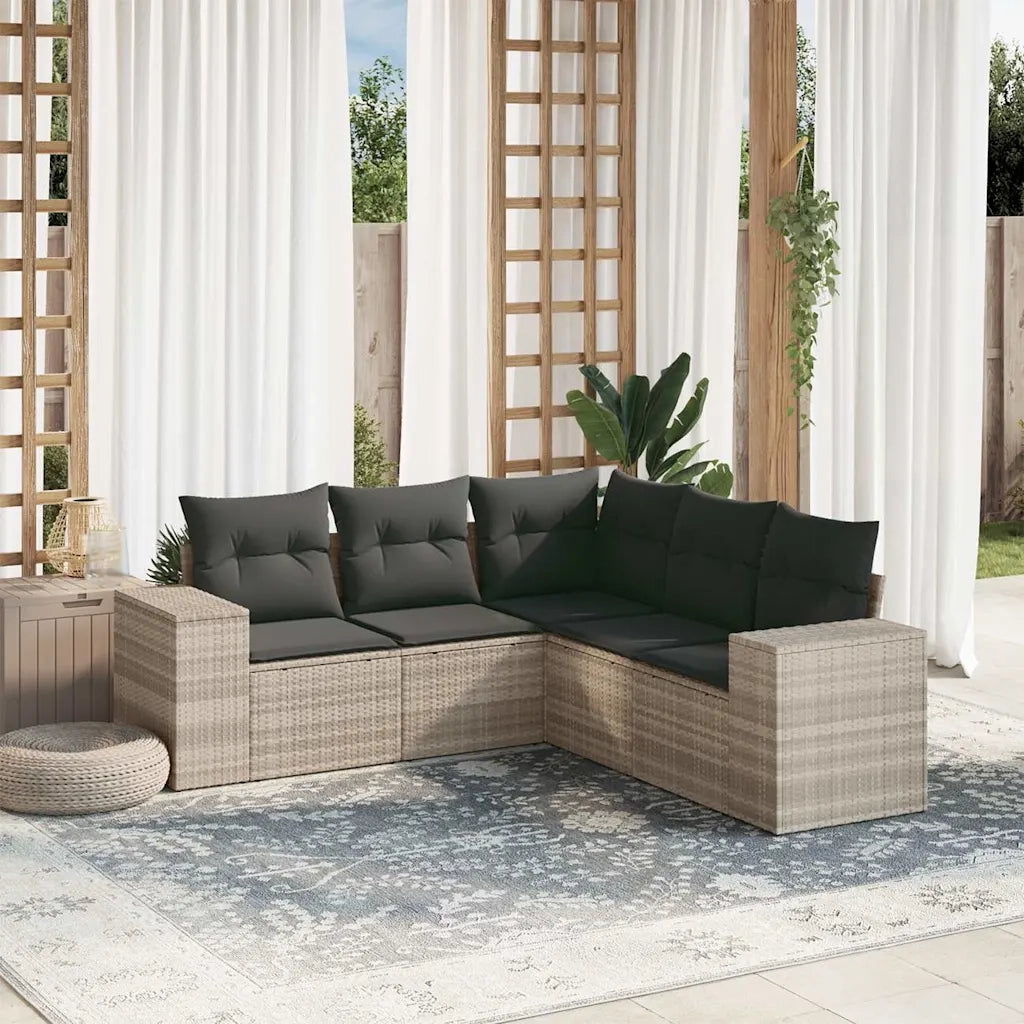 Set Divano da Giardino 5pz con Cuscini Grigio Chiaro Polyrattan