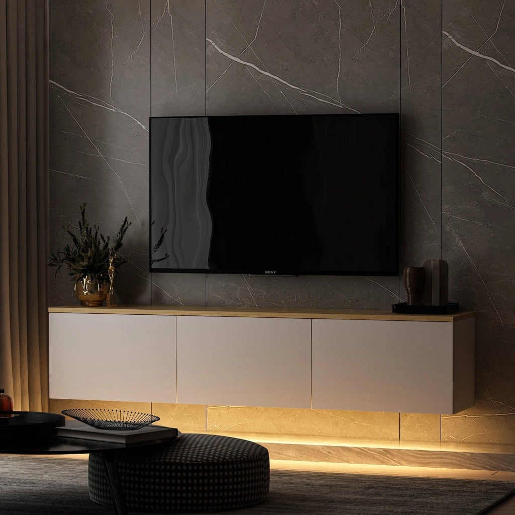 Mobile TV a parete in legno con illuminazione LED "Neon" - 160 x 32 x 35 cm - Bianco