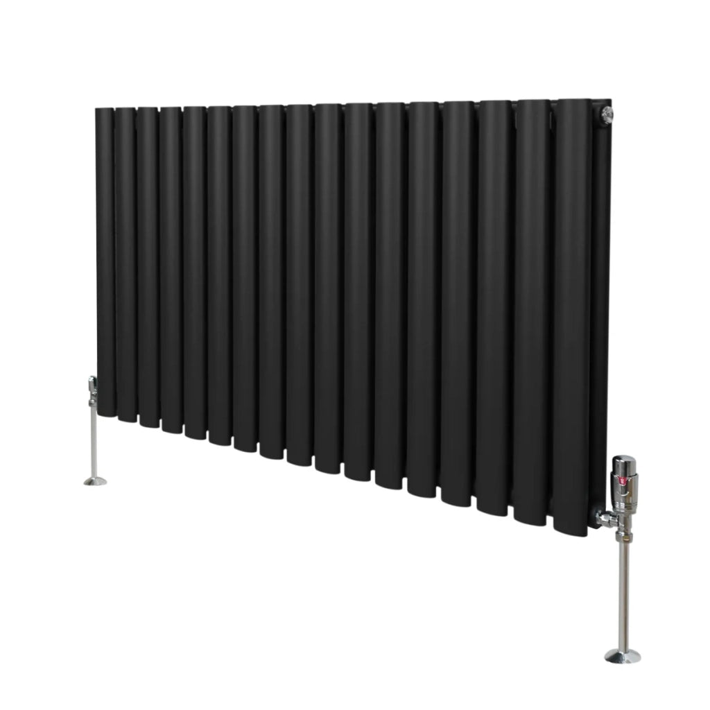 Radiatore a colonna ovale e valvole cromate TRV Designer nero 600 mm x 1020mm