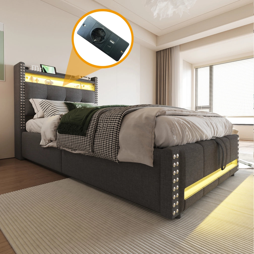 Letto imbottito singolo 90x200 cm con luci LED, porta USB, contenitore idraulico e testiera con ripiani, tessuto effetto lino grigio