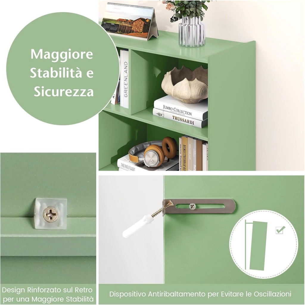 Libreria Scaffale da Terra con 8 Cubi, Libreria Multifunzione in Legno con Anti-ribaltamento, Salvaspazio per Cameretta, Soggiorno e Studio, Portata 220 kg, 122 x 32 x 93 cm (Verde)