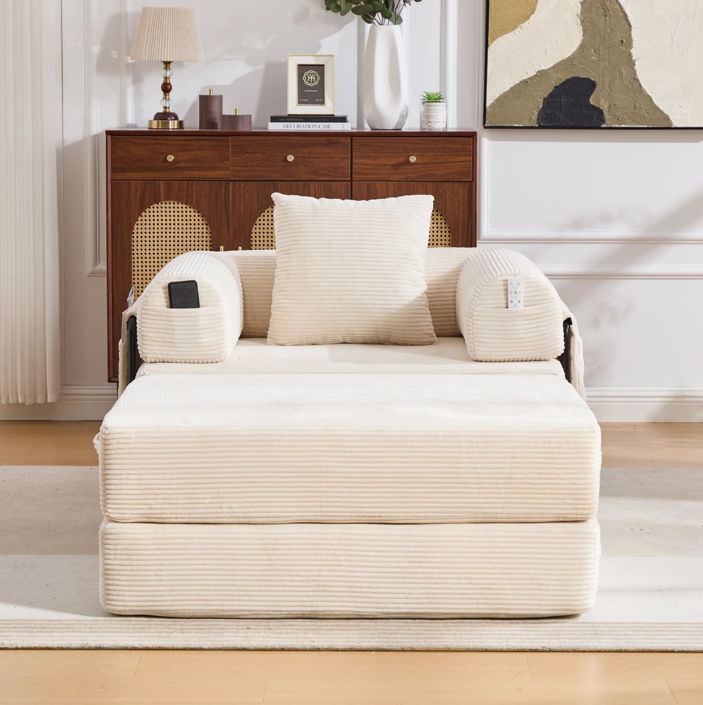 Poltrona modulare in velluto a coste beige con pouf e cuscino
