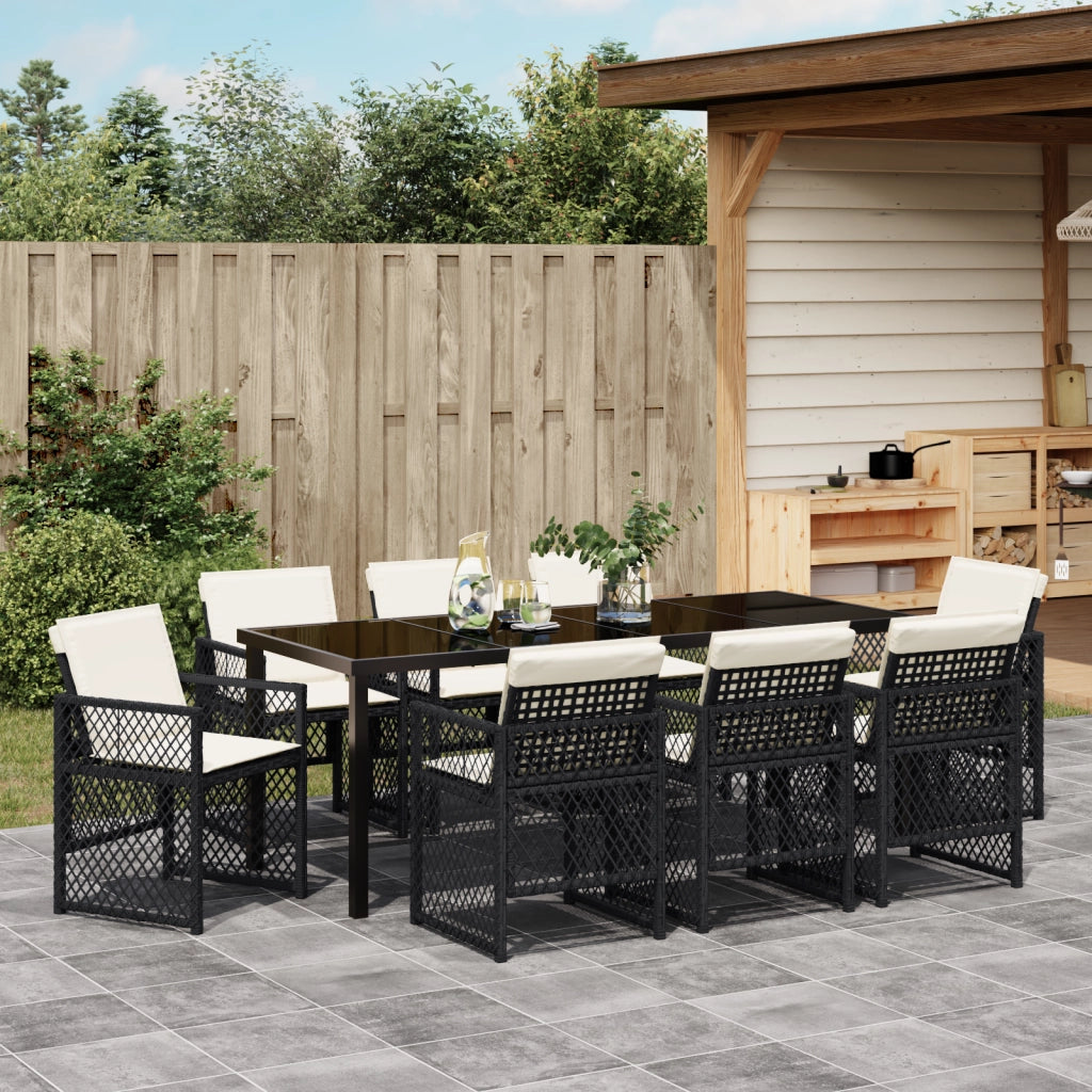 Set da pranzo da giardino 9 pezzi con cuscini Rattan nero poli
