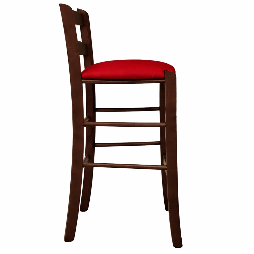 Sgabello in legno noce scuro h 67 cm con seduta imbottita in similpelle rossa