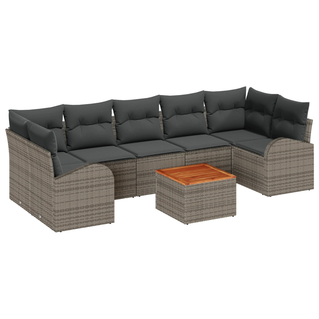 Set Divano da Giardino da 8 Pezzi con Cuscini Grigio Polyrattan Acacia