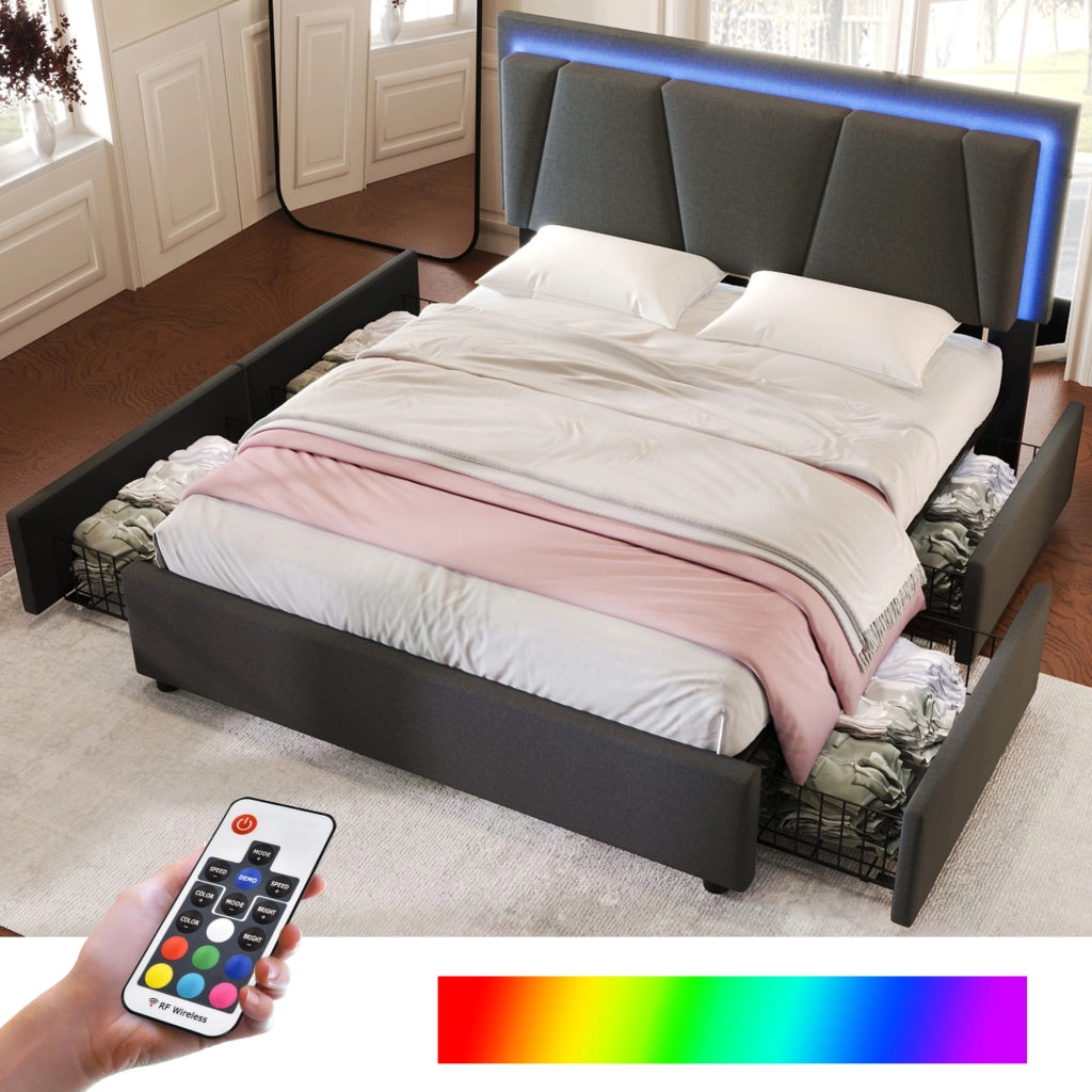LETTO Imbottito 160x200 cm Grigio con materasso incluso, LED, 4 cassetti