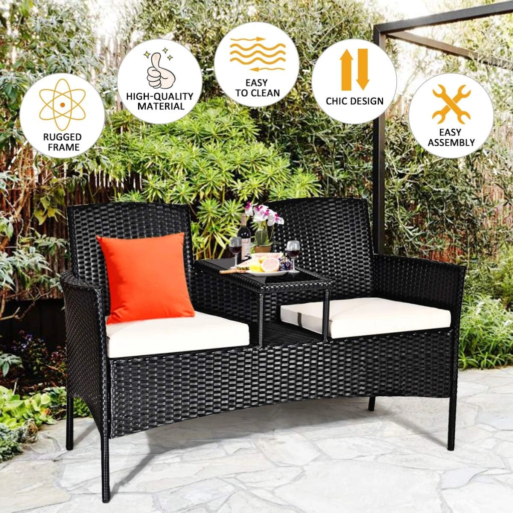 Panchina da Giardino in Polyrattan, 2 Posti, con Tavolo e Cuscino, Set da Giardino in Rattan, per Balcone, Terrazza, 138x62x85cm, 3 Colori (Bianco)