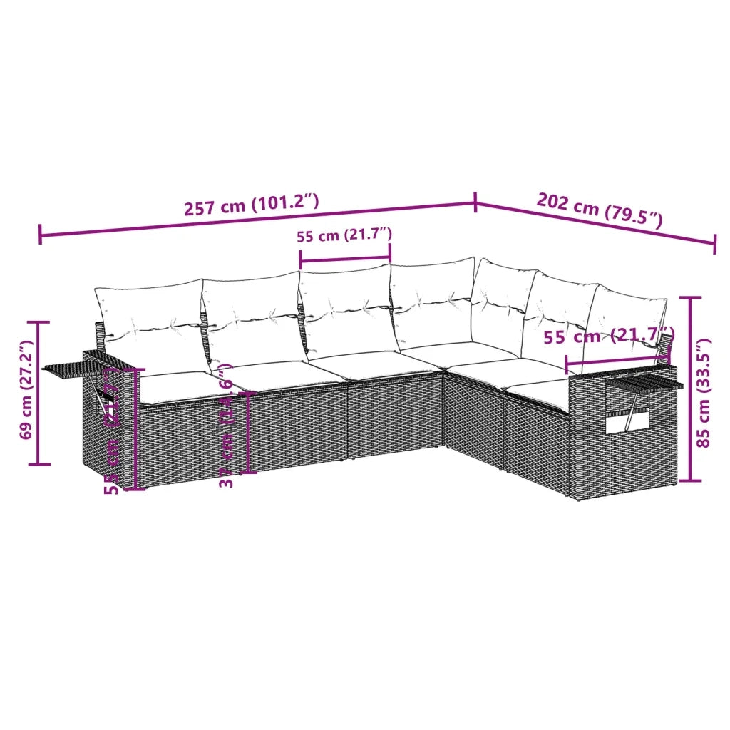 Set Divano da Giardino 6 pz con Cuscini Nero in Polyrattan