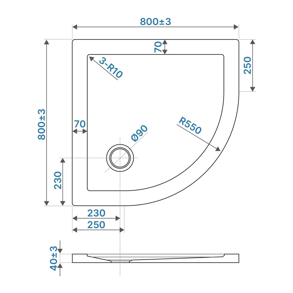 Piatto doccia semicircolare 80x80 cm bianco lucido bordato in acrilico rinforzato | Asteios