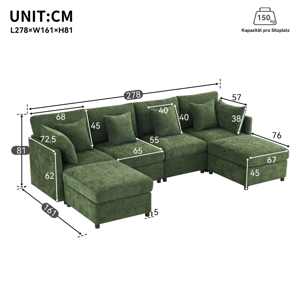 Divano modulare da 4 a 6 posti in chenille verde a U o L con 2 pouf e 6 cuscini 278 × 161 × 81 cm