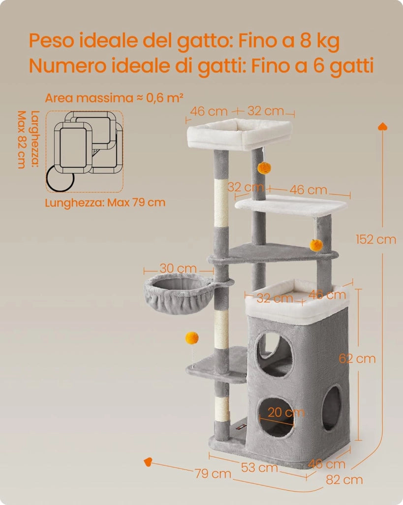 Feandrea Albero per Gatti Alto 152 cm, Tiragraffi per Gatti a Più Livelli con 2 Grotte Ampie, un’Amaca, 3 Colonne Graffiatoio, 3 Piattaforme, Grigio Tortora PCT007G01
