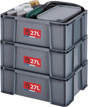 Set di contenitori di archiviazione da 3 - 27 litri - Realizzato con materiale riciclato - Facile da stivare e robusto - Ideale per la zona di lavoro e il fai da te