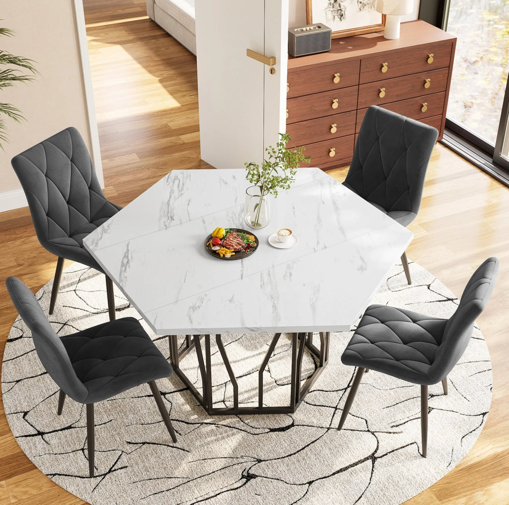 Tavolo da pranzo 115.5x100 cm; design esagonale; MDF e acciaio; nero e grigio