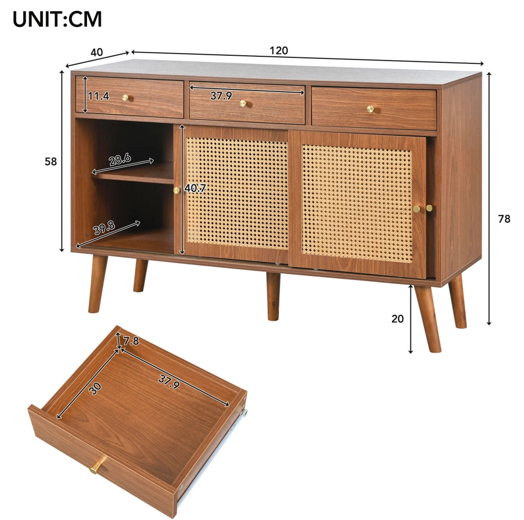 Credenza sideboard 120x40x78 cm con 3 cassetti e 3 ante; MDF; walnut